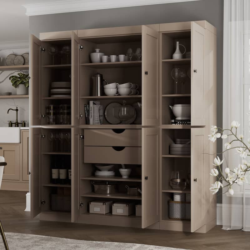 Palace Imports 100% Solid Wood 65" Pantry Cabinet with Shaker Doors, 2-Drawers and Adjustable Shelves - Beige