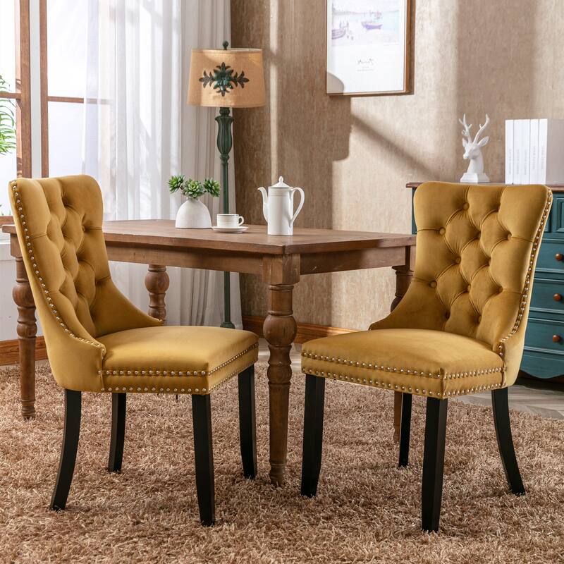 Nikki Collection Modern, High-end Tufted Solid Wood Velvet Upholstered Dining Chair with Wood Legs Nailhead Trim 2-Pcs Set - Gold