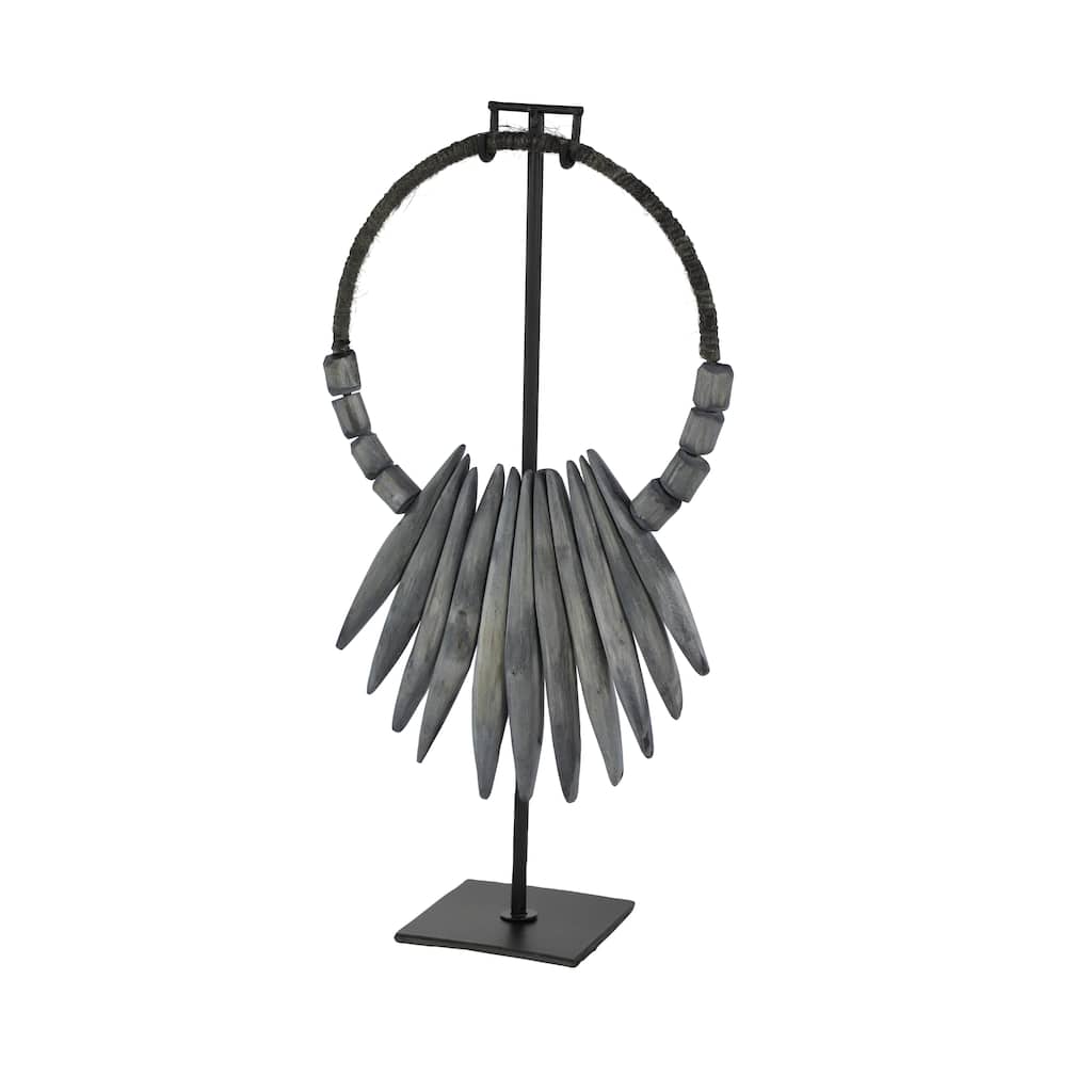 Teak Wood Necklace Handmade Tribal Decorative Sculpture with Stand - Gray or White - Roche River Decor