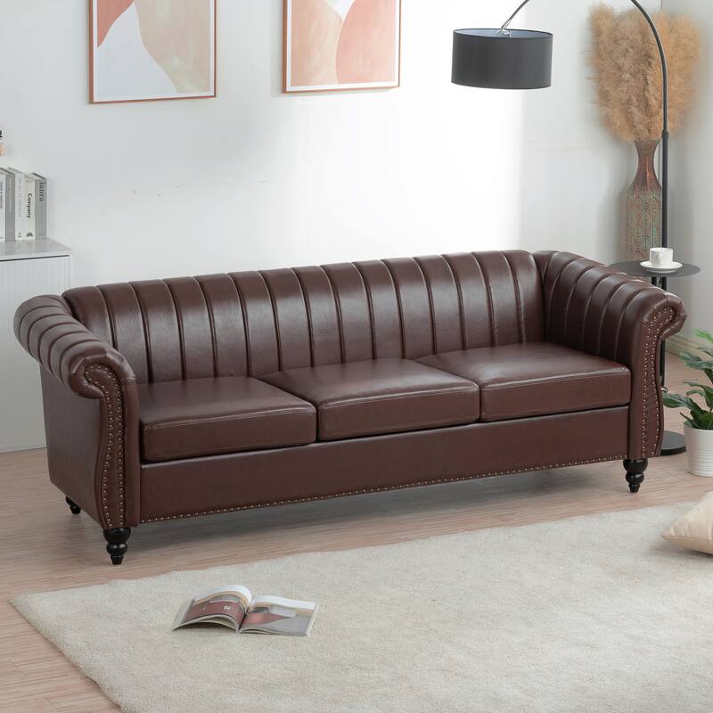 Chesterfield Sofa 83.46" with PU Leather, Quilted Backrest, Birch Legs