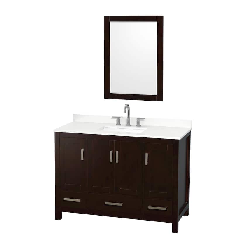 Sheffield 48-inch Single Vanity, 3 Hole Quartz Top, 24-inch Mirror - Espresso, Chrome Trim, White Quartz Top