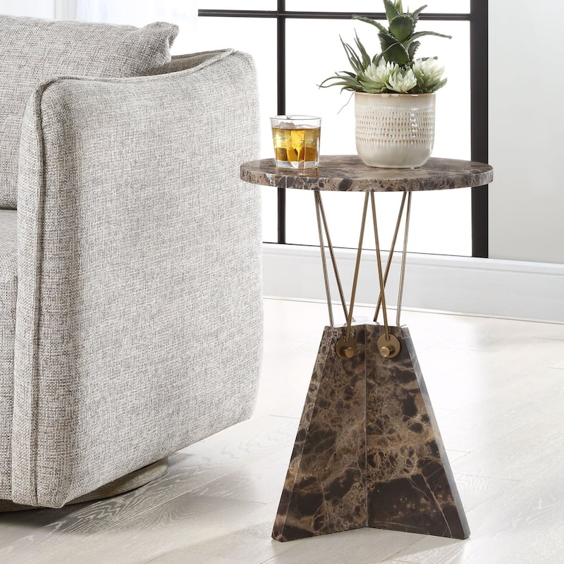 Marble Top Geometric Accent End Table - 23.25" - Brown