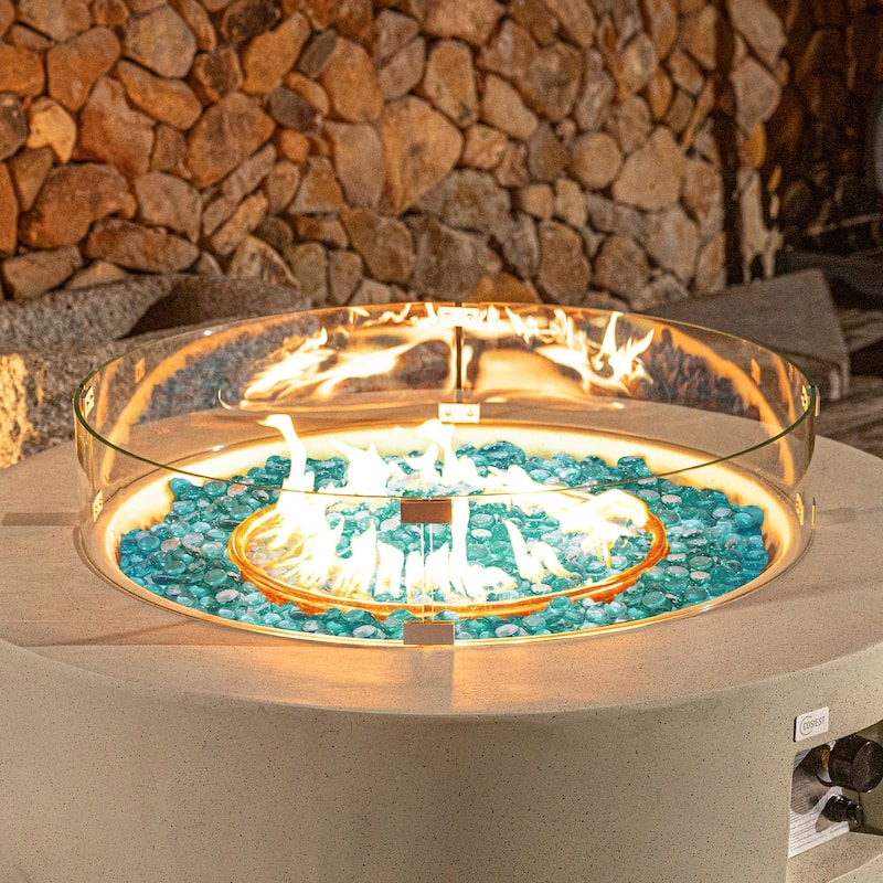 COSIEST 42'' Outdoor Round Propane Fire Pit w Wind Guard and Fire Glass