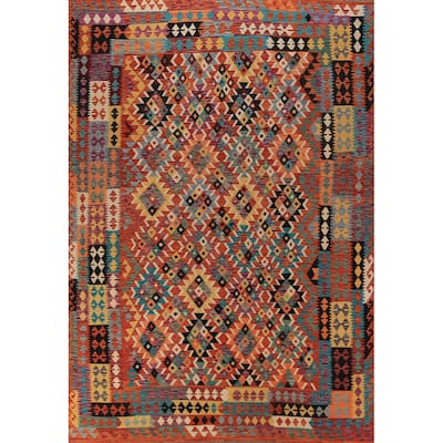 Orange Kilim Oriental Area Rug Hand-Woven Geometric Wool Carpet - 8'0"x 11'8"