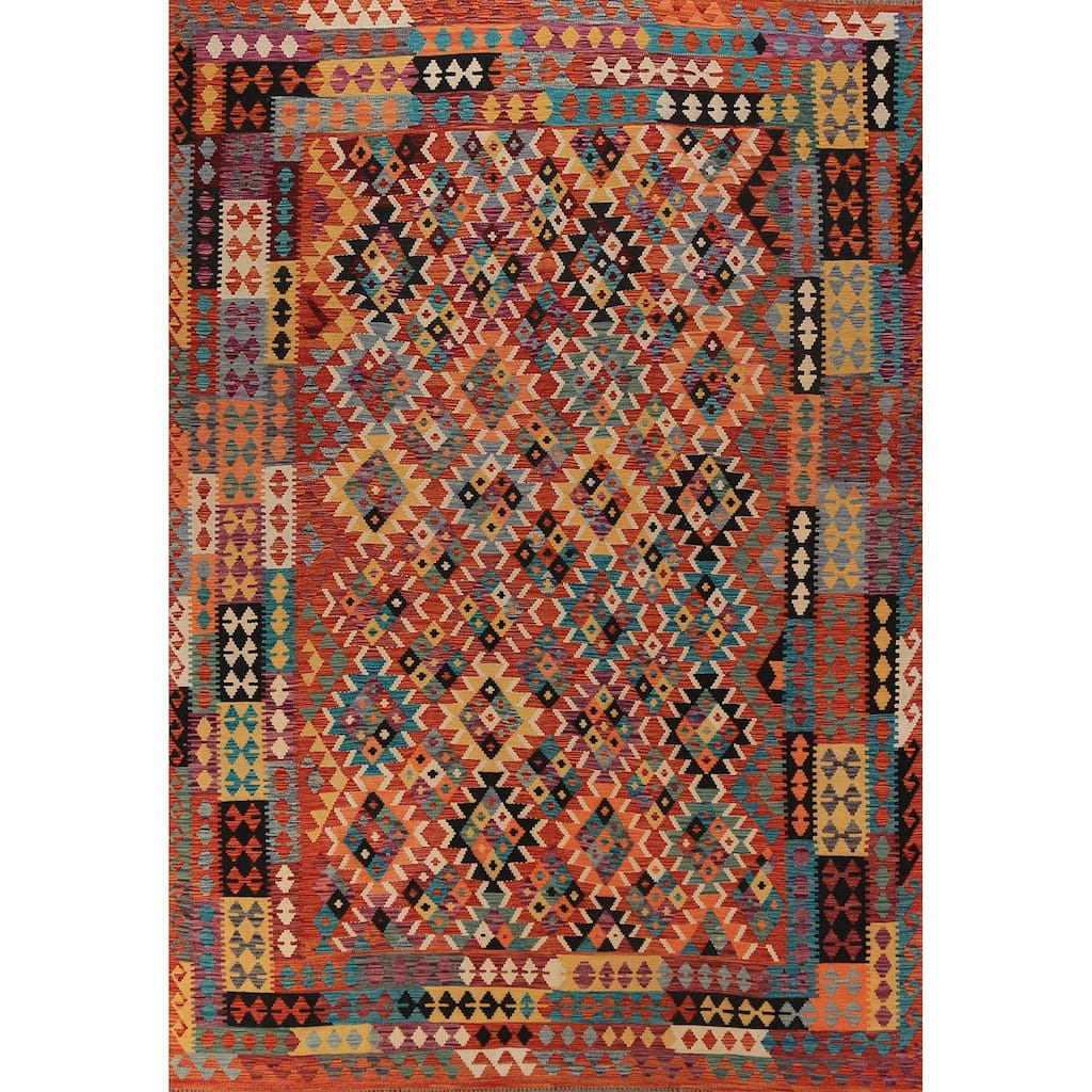 Orange Kilim Oriental Area Rug Hand-Woven Geometric Wool Carpet - 8'0"x 11'8"
