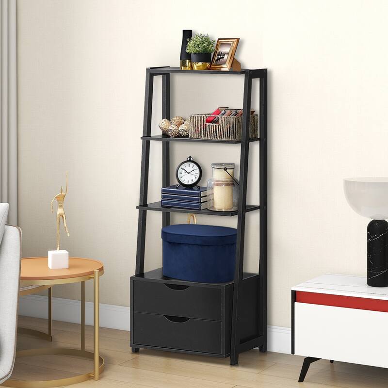 Space-Saving 4-Tier Ladder Shelf Organizer with Dual Drawers - 20.5" x 15.6" x 52.44" (L x W x H)
