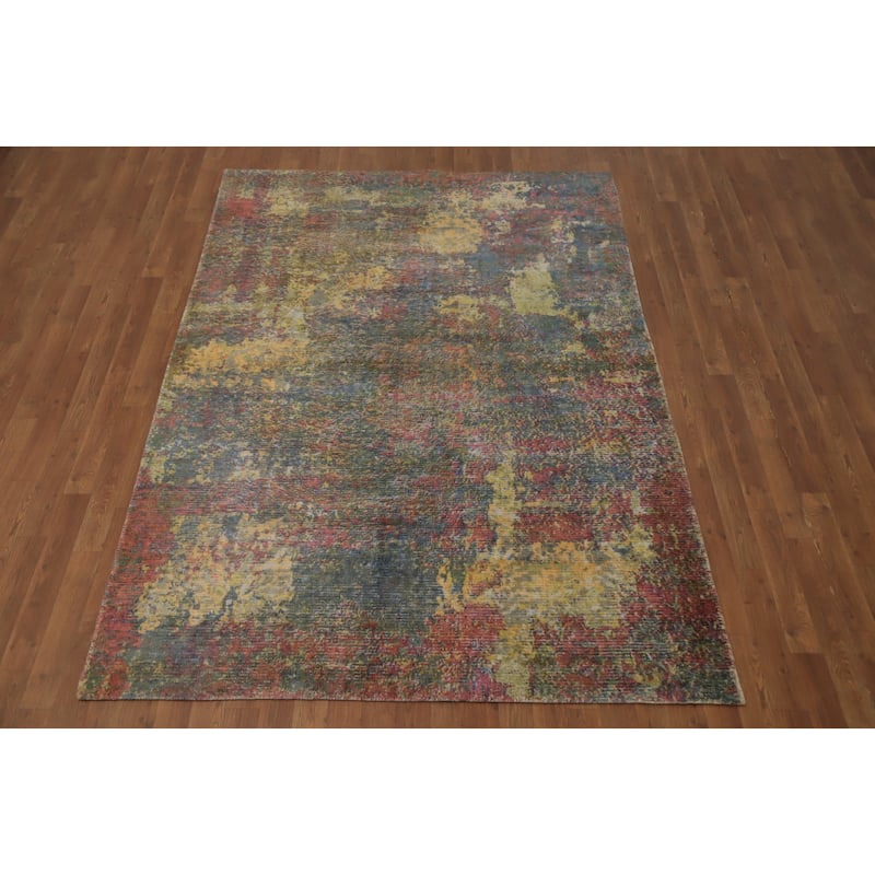 Hand Knotted Oriental Viscose Silk Carpet Modern All-Over Multi-Colored Abstract Area Rug - 7' 8'' X 5' 5''