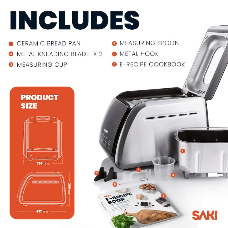 Saki Bread Maker with Non-stick Ceramic Bread Pan, Stainless Steel, 12-in-1 Programmable - 3lb