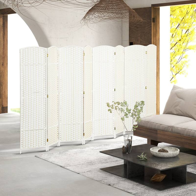 Polypropylene Pine Wood Weaving Room Divider with Arched Top - 8-panel - White