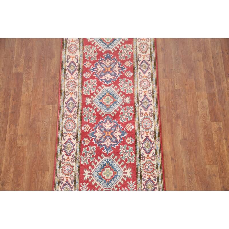 Hand Knotted Oriental 100% Wool Carpet Traditional Geometric Red Kazak Area Rug - 6' 5'' X 2' 8''