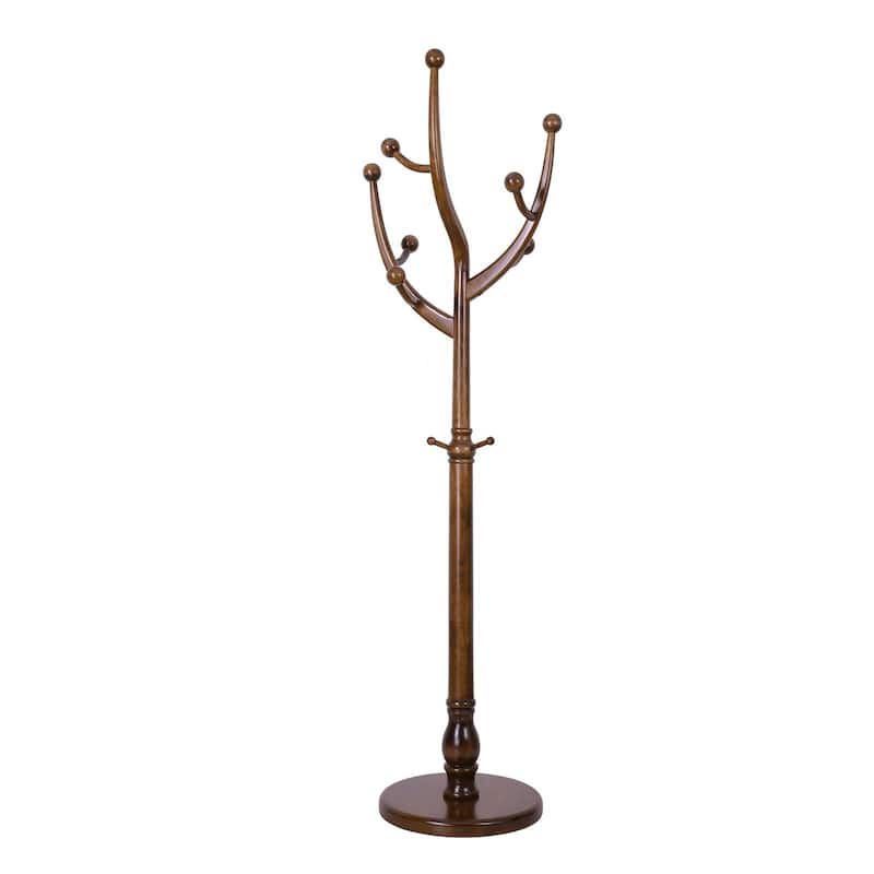 Rubberwood Coat Rack Freestanding, Entryway Coat Tree with Hooks - 74"H x 16.5"Dia