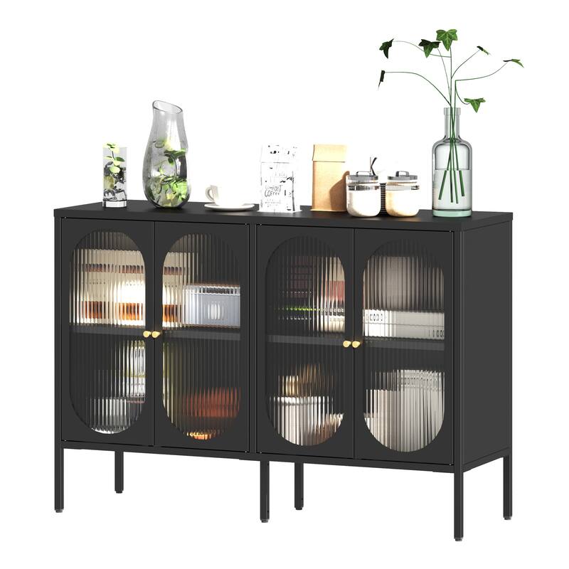 Metal Sideboard Cabinet with 4 Glass Door, Steel Locker Sideboard Buffet Cabinet, Sideboard Buffet Cabinet with 4 Doors