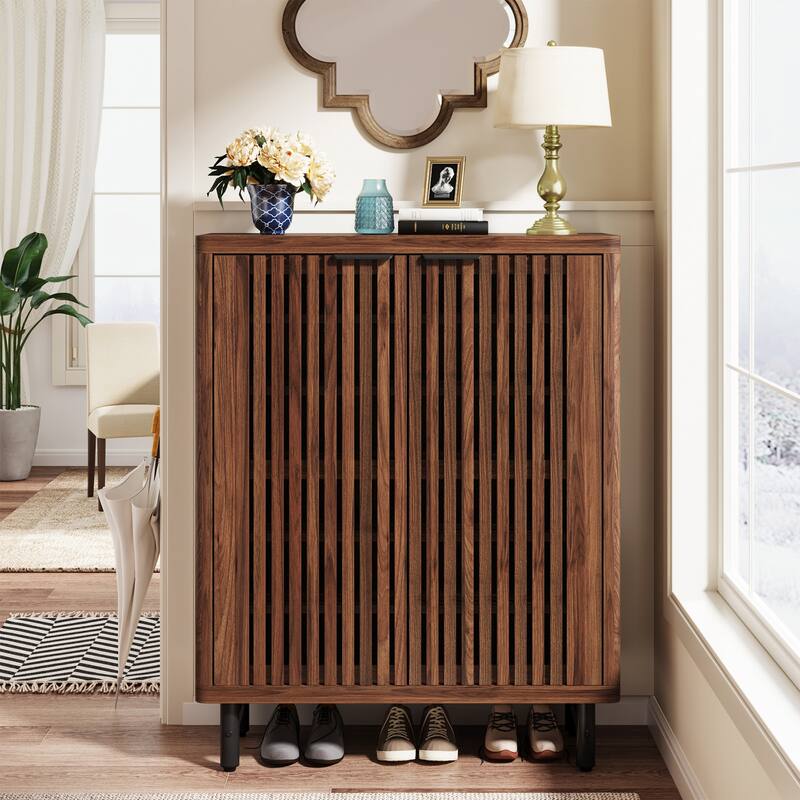 Wooden Shoe Cabinet with Shutter Doors, Adjustable Shelves Large Hidden Storage Organizer Rack for Entryway Hallway