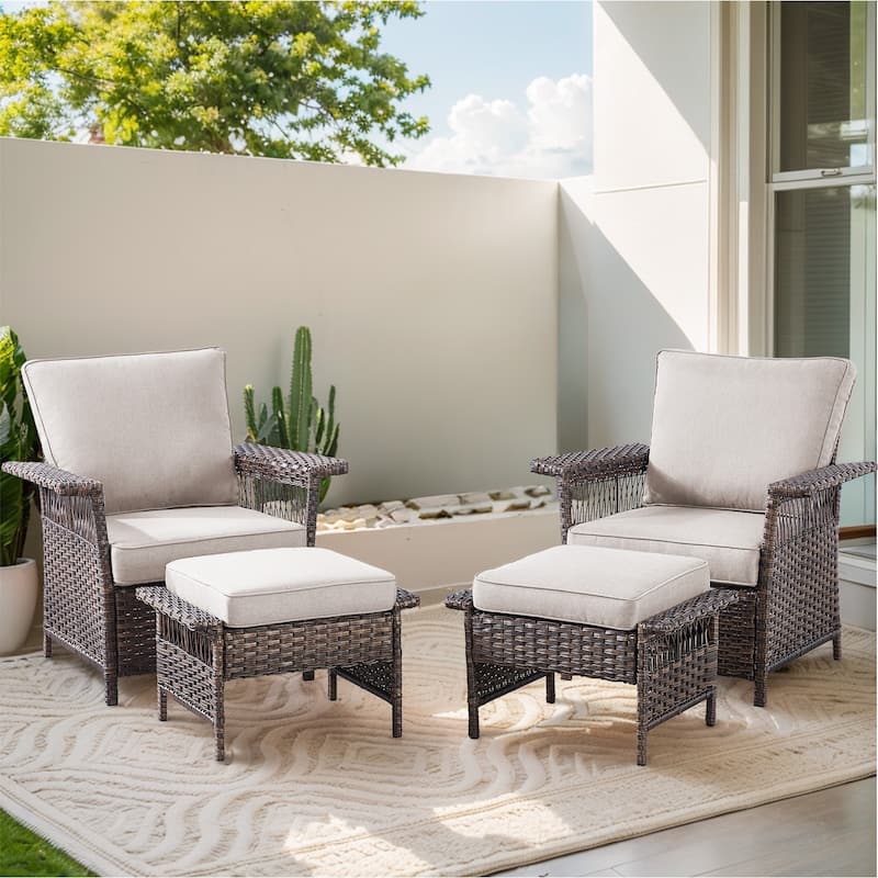 Outdoor Wicker Furniture Couch Set - Brwon Wicker Beige Cushion - 4PCS Patio Chair with Ottoman