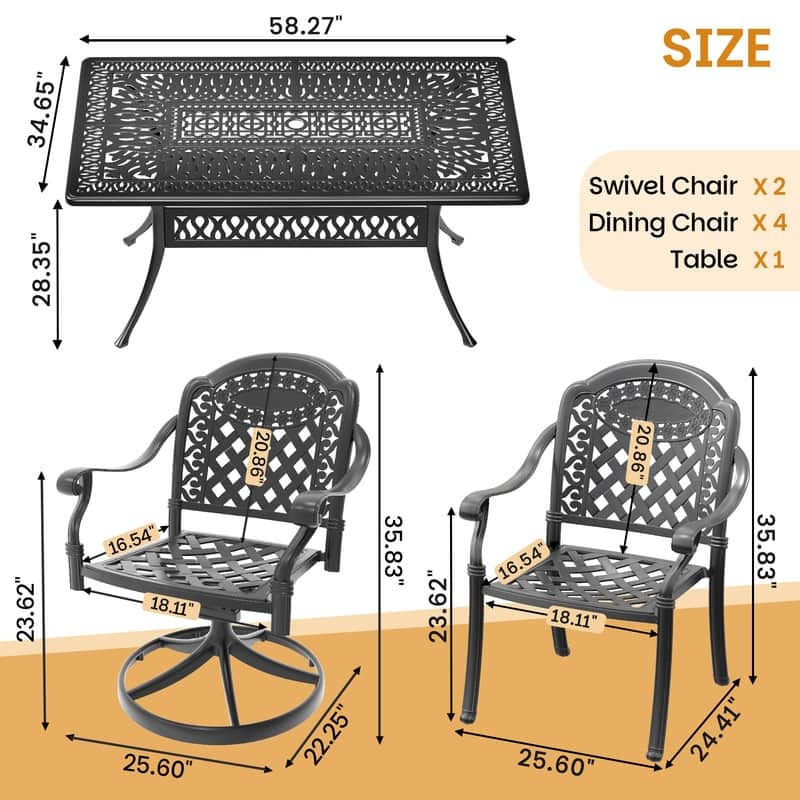 7-Piece Outdoor Dining Set with 1 Table and 6 Chairs, All-Weather Aluminum Outdoor Patio Sets