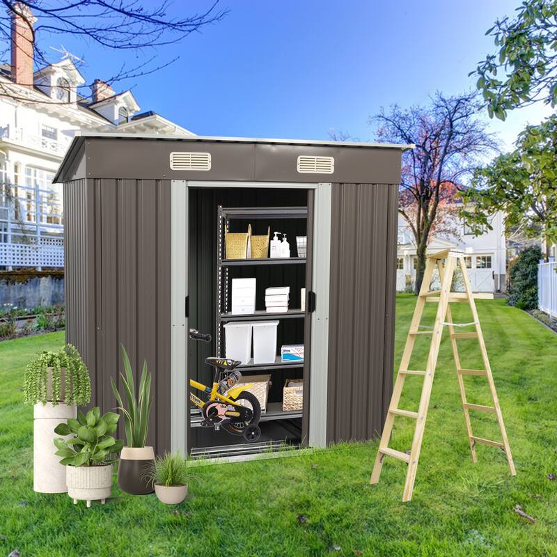 Waterproof Garden Shed Tool Shed with Double Hinged Lockable Doors, Rustproof Storage Shed Punched Vents - Grey