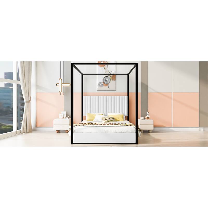 Roomfitters Queen Canopy Platform Bed with Velvet Upholstered Headboard, Metal Frame, White