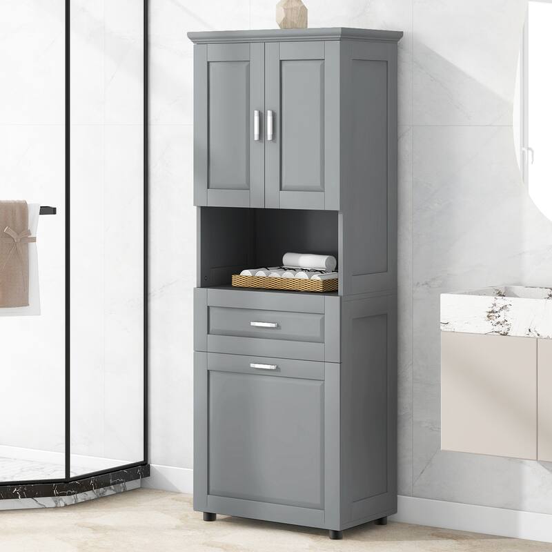 Tall Bathroom Linen Tower with Cabinet, Drawer and Hamper