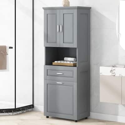 Tilt Out Laundry Hamper Cabinet Grey Tall Bathroom Storage Cabinet with 2 Doors, Adjustable Shelf and Drawer
