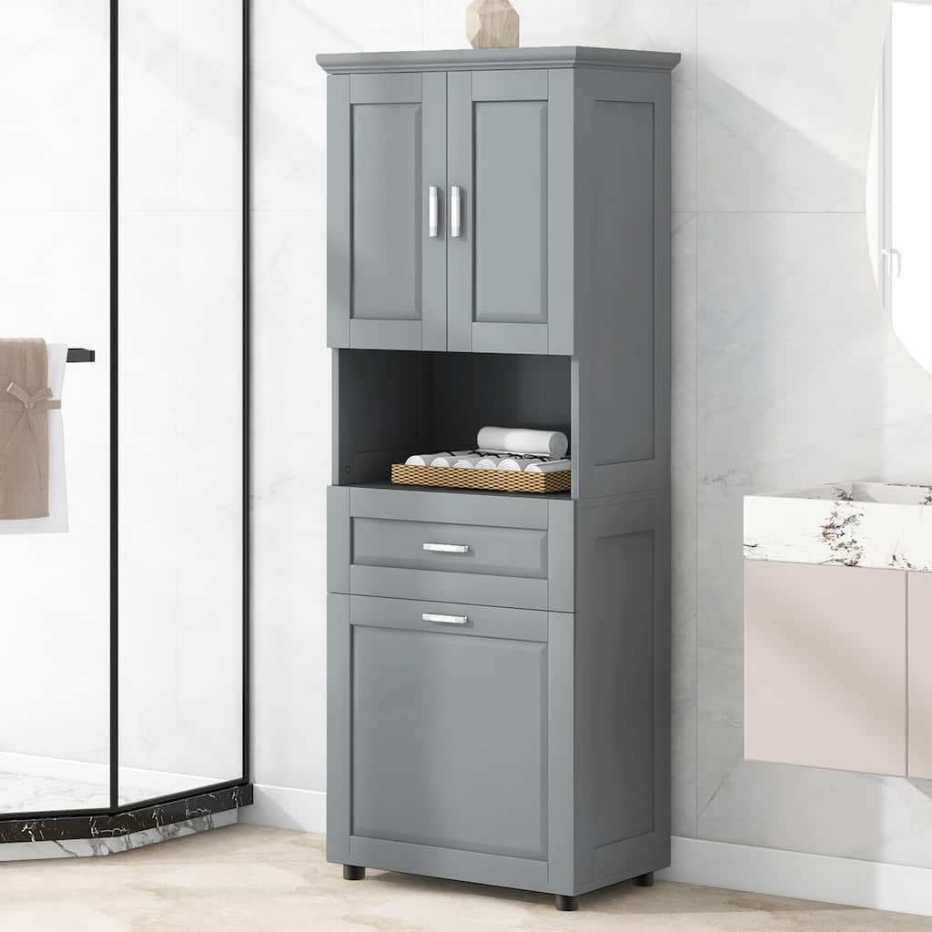 Tilt Out Laundry Hamper Cabinet Grey Tall Bathroom Storage Cabinet with 2 Doors, Adjustable Shelf and Drawer