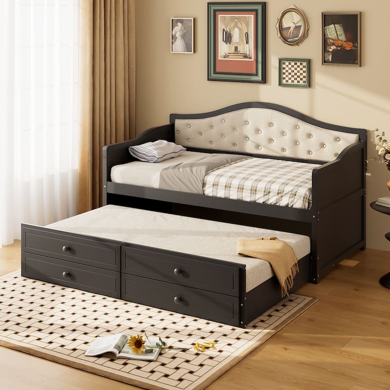 Wooden Frame Day Bed, Twin Size Daybed with Trundle Bed, Upholstered Tufted Button Backrest Sofa Bed with 2 Storage Drawers