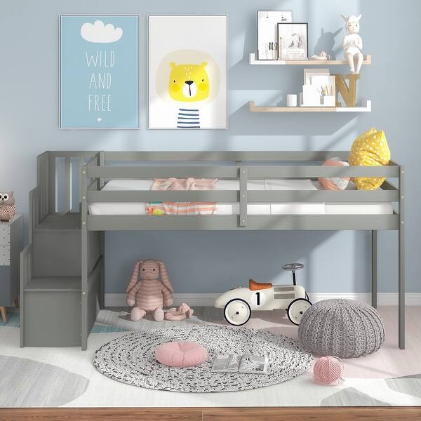slide 2 of 9, Multifunctional Design Wood Loft Bed with Built-in Storage Staircase, Ample Storage Space, Twin Size Grey