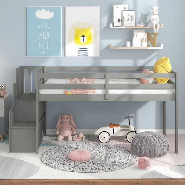 slide 2 of 5, Versatile Twin Size Wood Loft Kids Bed with Staircase,Guardrail Grey