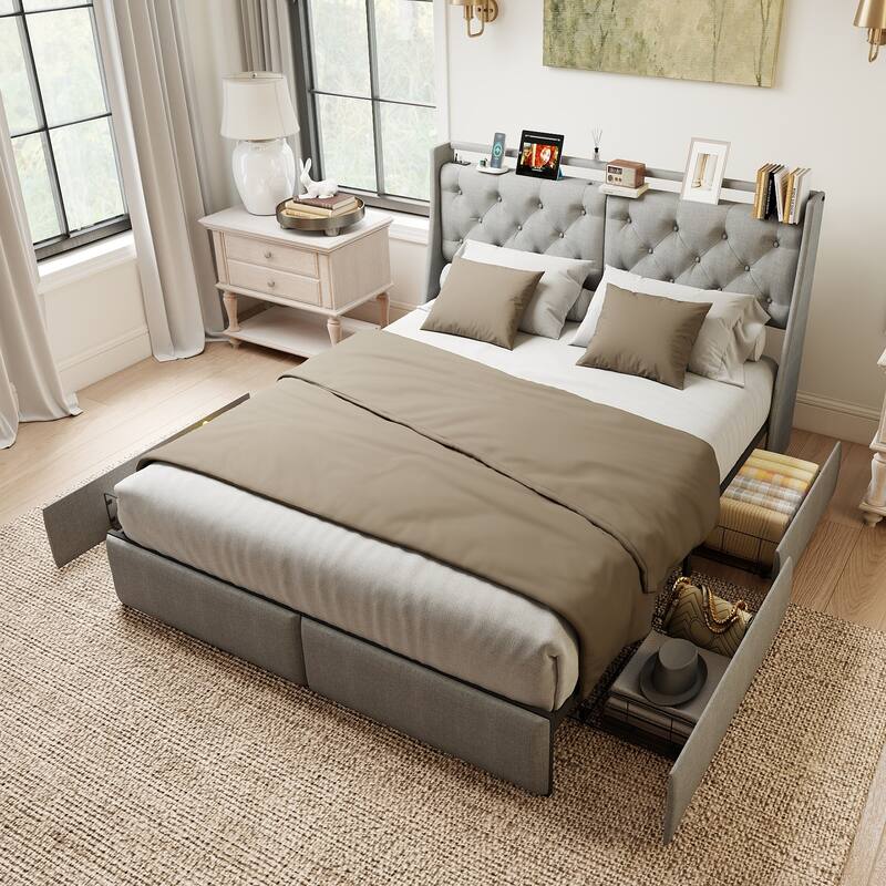 Queen Metal Platform Bed Frame - Grey, Storage Headboard with RGB LED & Charging Station