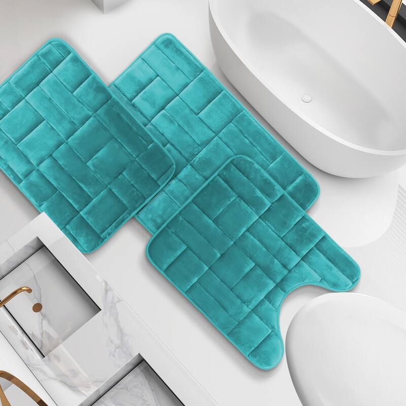 Clara Clark Ultra Soft Non Slip and Absorbent Bath Rug - Tiled Velvet Memory Foam Bath Mat - Small-Large-Contour (3PK) - Teal