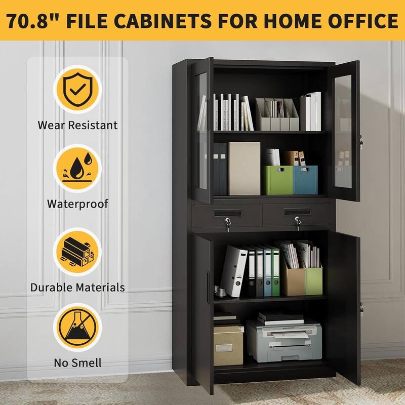 71" Black Metal Storage Cabinet with Glass Doors for Workshop, Office - N/A