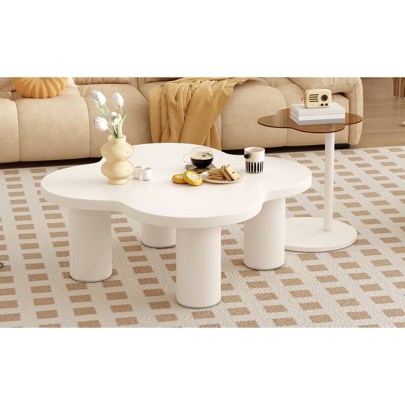 Modern Coffee Table Set of 2, Irregular Shape Coffee Table with 4 Roman Column Legs and End Table with Glass Top for Living Room