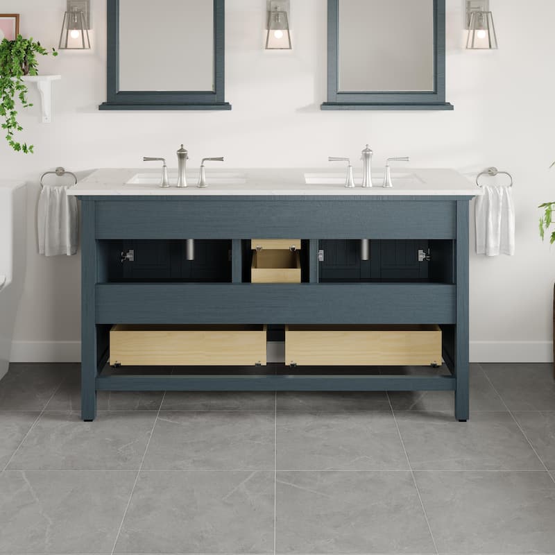 Eviva Britney 60"W x 22"D Ash Blue Bathroom Vanity with White Carrara Quartz Vanity Top and Rectangular Undermount Sink - 60