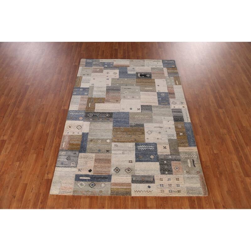 Tribal Beige Geometric Gabbeh Indian Area Rug Hand-Tufted Wool Carpet - 5'3" x 7'7"