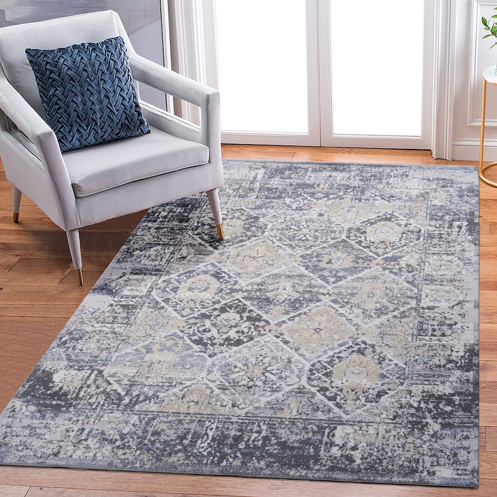 Roomfitters 8x10 Machine Washable Boho Vintage Area Rug, Non-Slip Pet Friendly Indoor Living Room Decor Carpet - Grey+Blue