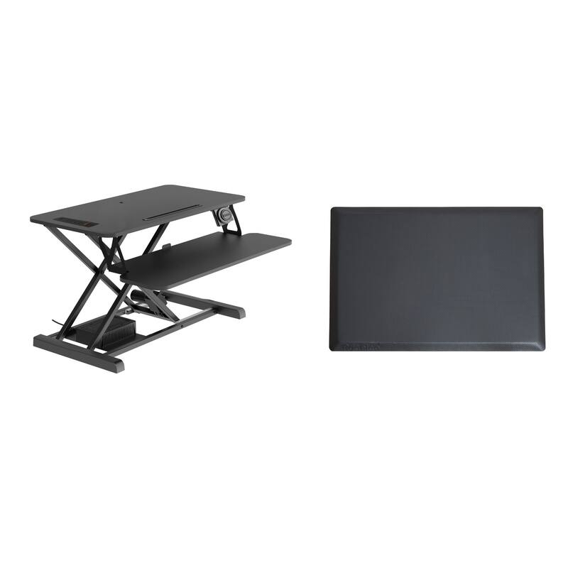 Rocelco 37.4 in. W Black Electric Standing Desk Converter with Anti Fatigue Floor Mat, AC USB Charger and Tray Platform