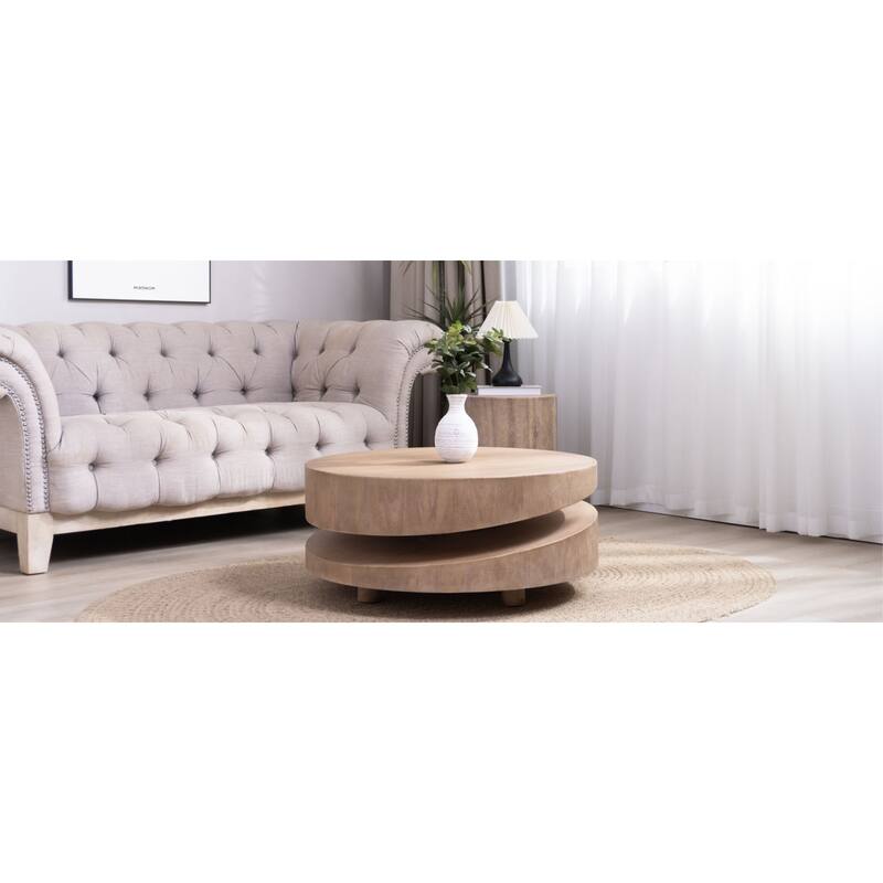Roomfitters Modern Round Coffee Table with Offset Tier, 31" Architectural Center Table, Engineered Wood, Natural