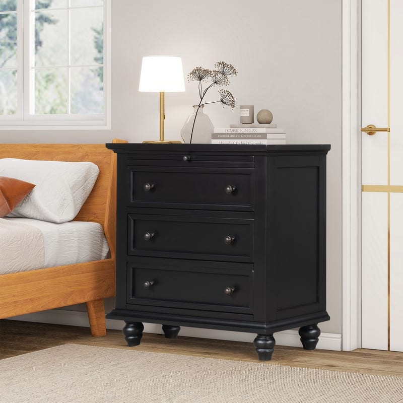 Farmhouse 3-Drawers Wood Nightstands with Pull Out Tray and Solid Wood Legs