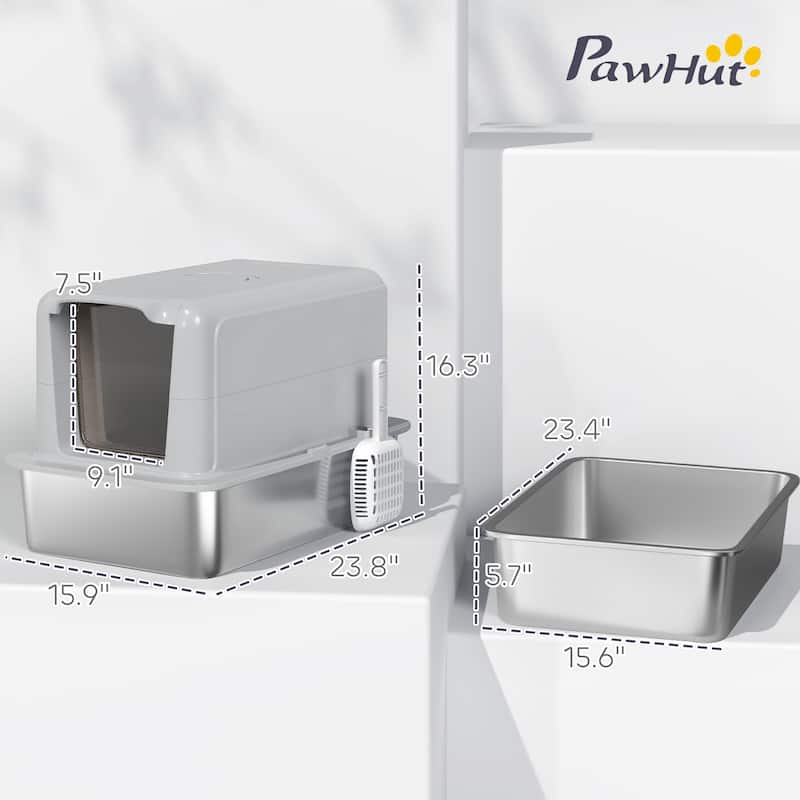 PawHut Stainless Steel Cat Litter Box, Extra Large 2 in 1 Kitty Litter Box with Removable Lid & Scoop, Filter Bags, White