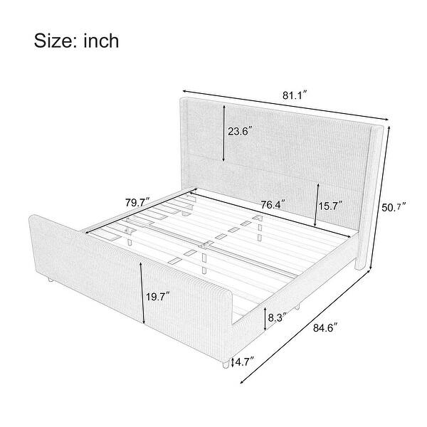 King Size Platform Bed Vertical Stripe Wingback Bed Cream Corduroy Upholstered Frame Low Profile Slat Bed with Footboard