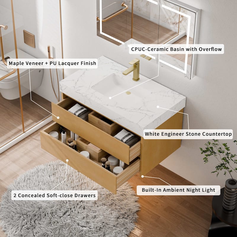 Modland 36" Floating Modern Bathroom Vanity with Single Sink,Maple Wood Wall Mounted Vanity with Marble Countertop - 36 Inch