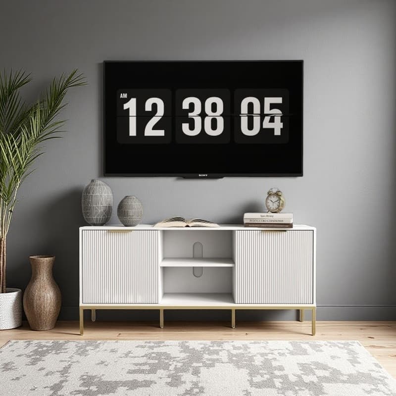 Contemporary TV Console with Gold Metal Legs, Wave Pattern Cabinet Doors, Adjustable Interior Shelf & Open Display Storage