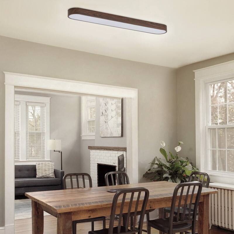 Modern Linear Flush Mount Ceiling Light Matte White Metal with Wood Grain Accent Milky White Diffuser