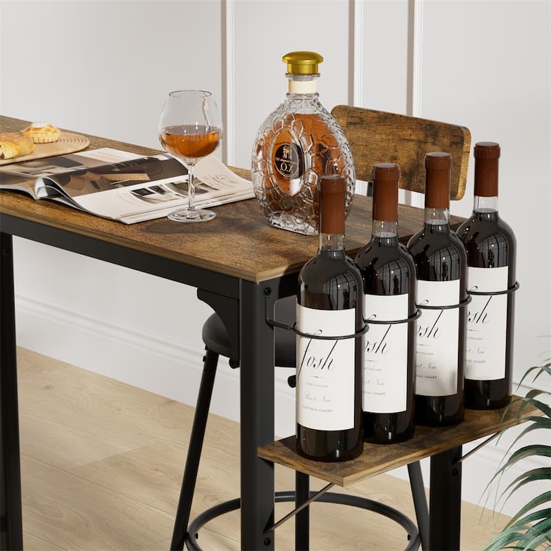 3 Pieces Industrial Dining Set with Wood Top and Wine Bottle Holder