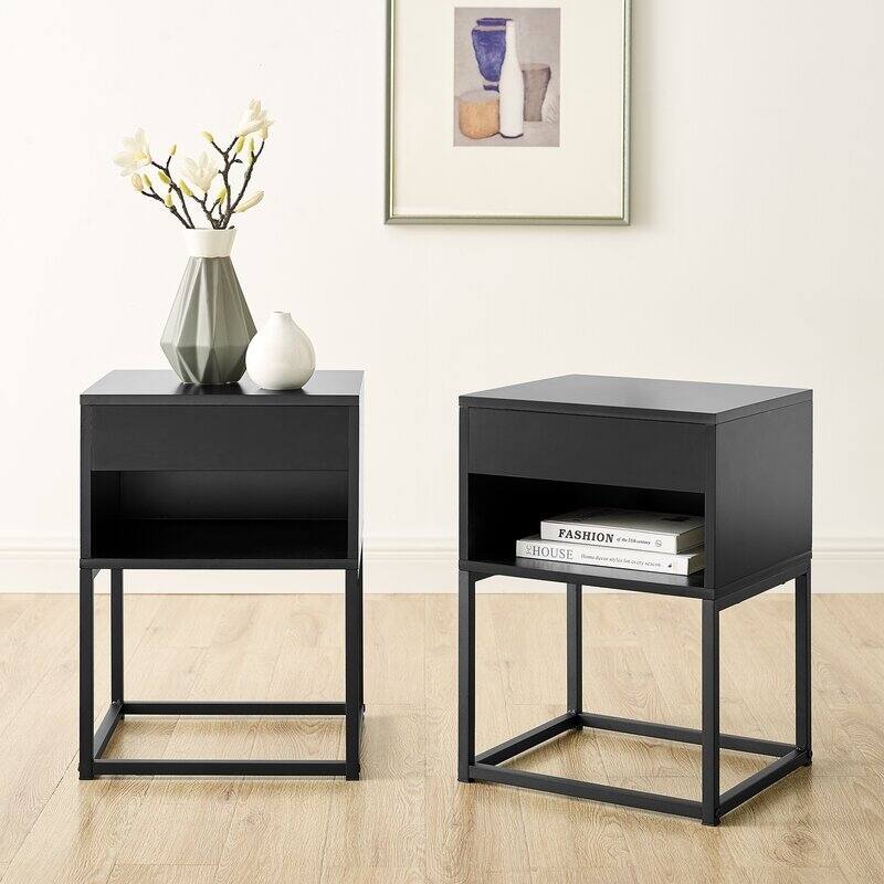 BIKAHOM Simple End Table with Drawer and Shelf for Any Room,Nightstand,Metal Leg Design