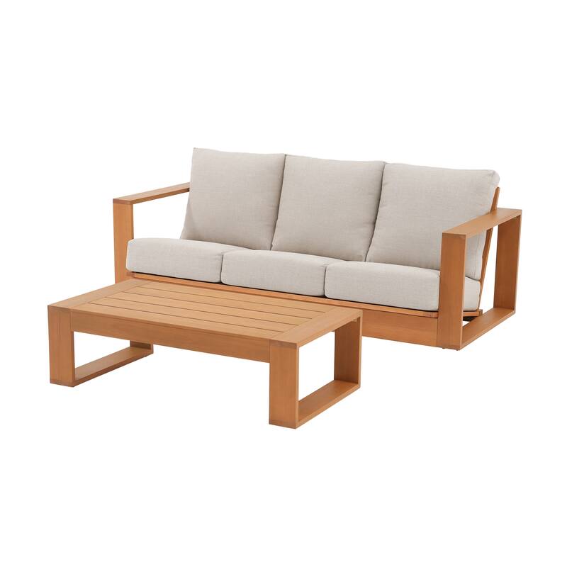Outdoor Conversation Set 2-Piece Eucalyptus Wood 3-Seater Sofa Weather‑resistant Rope Weave with Coffee Table