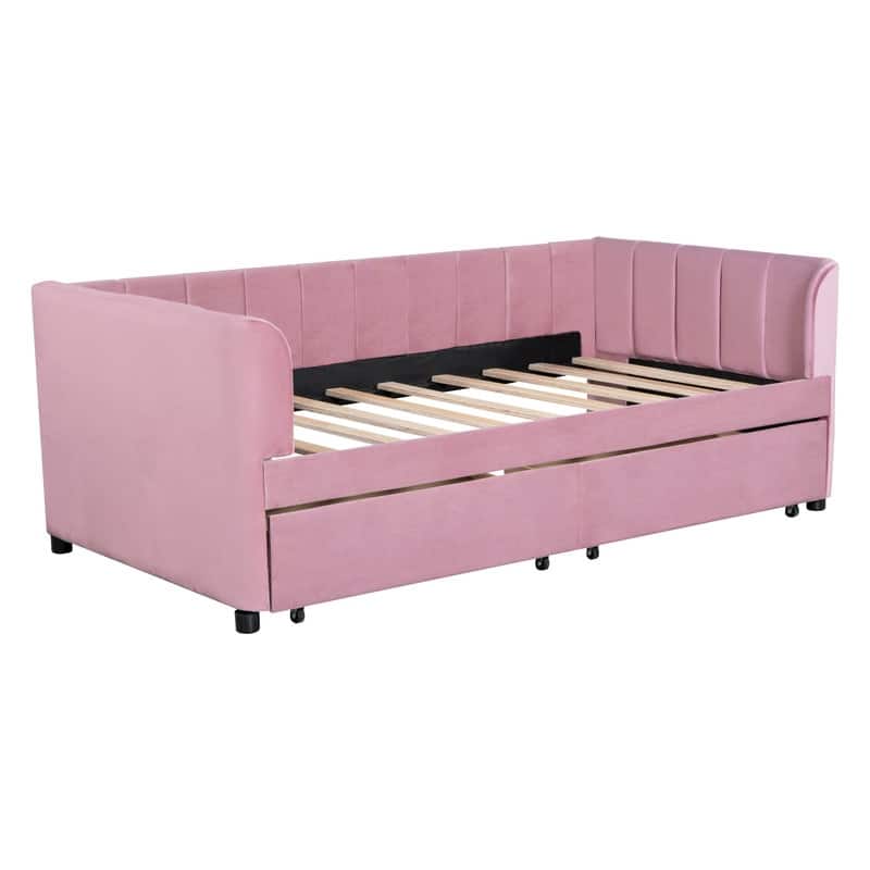 Velvet Upholstered Daybed with Ergonomic Design Backrest and 2 Drawers,Twin Size