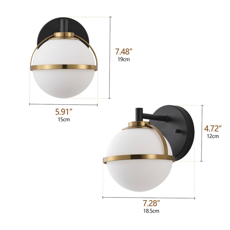 Aiwen Modern 1-Light Wall Sconce Matte Black & Brushed Gold Opal Acid Etched Glass Globe Shade