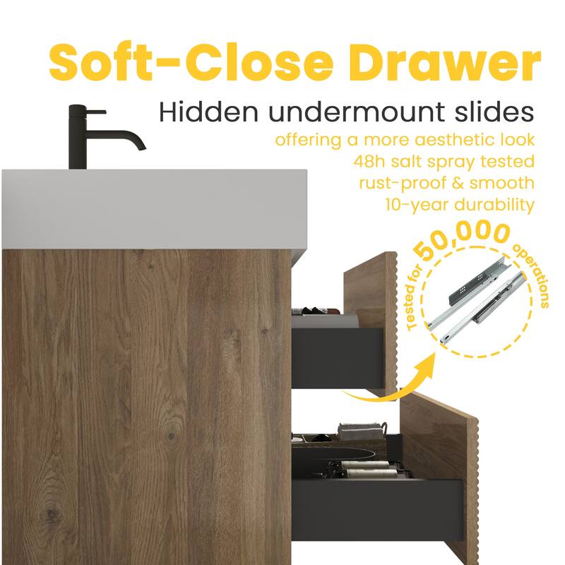 GDFStudio - Grace Wall-Mounted Bathroom Vanity with Engineered Quartz Sink & Soft Close Drawers, without Drainage and Faucet