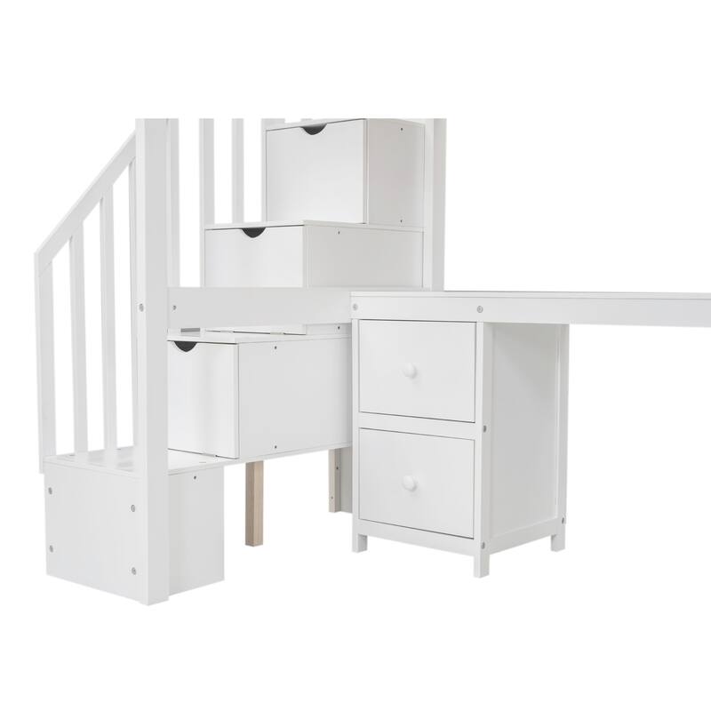 Twin Loft Bed with Built-in Desk and Double Drawers, White