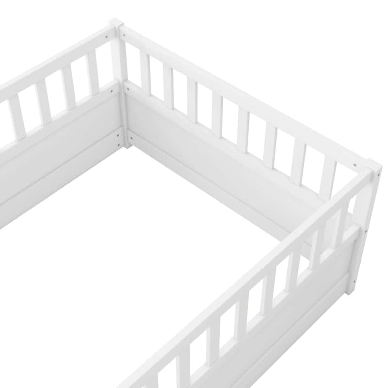 Twin Size Pine Wood Floor Bed, Integral Construction with Super High Security Barrier, Door, Children's Floor Bed Frame